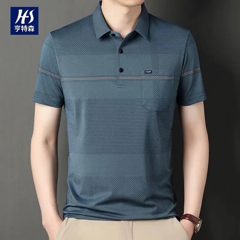 Men Blue Striped Ice Silk Polo Shirt Short Sleeve - Image 26