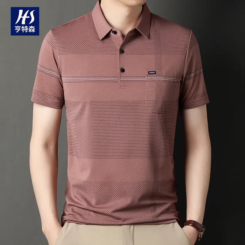 Men Blue Striped Ice Silk Polo Shirt Short Sleeve - Image 27