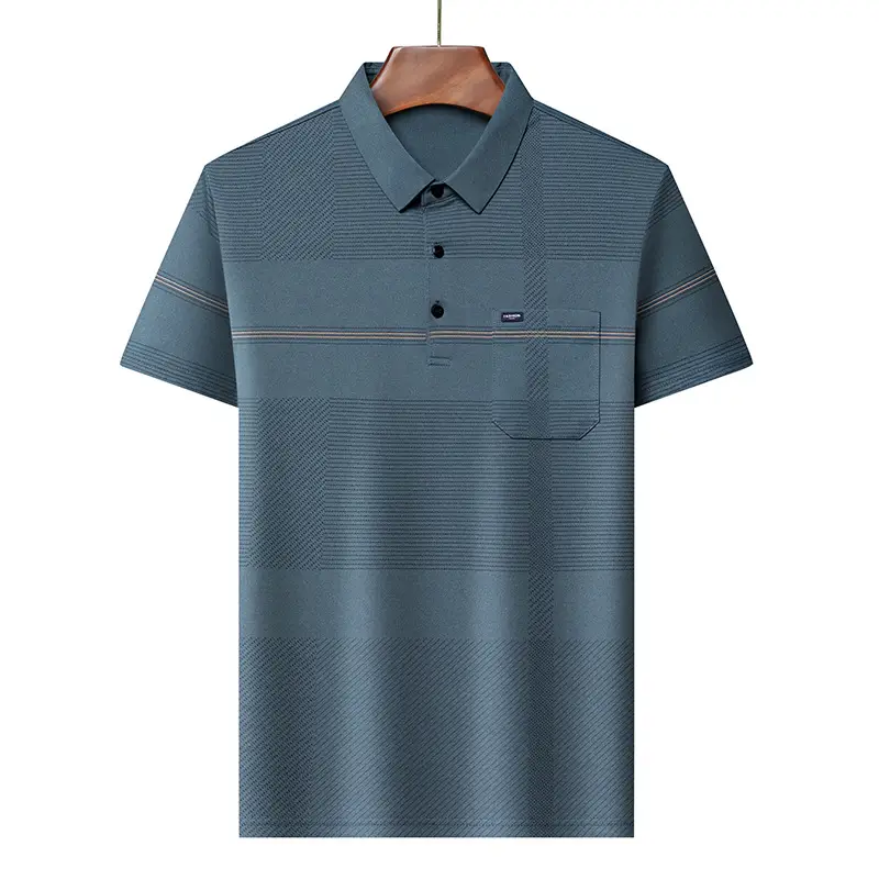 Men Blue Striped Ice Silk Polo Shirt Short Sleeve - Image 28
