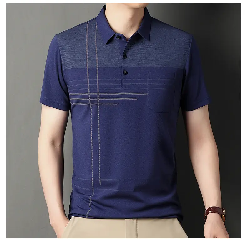 Men Blue Striped Ice Silk Polo Shirt Short Sleeve — feature 32