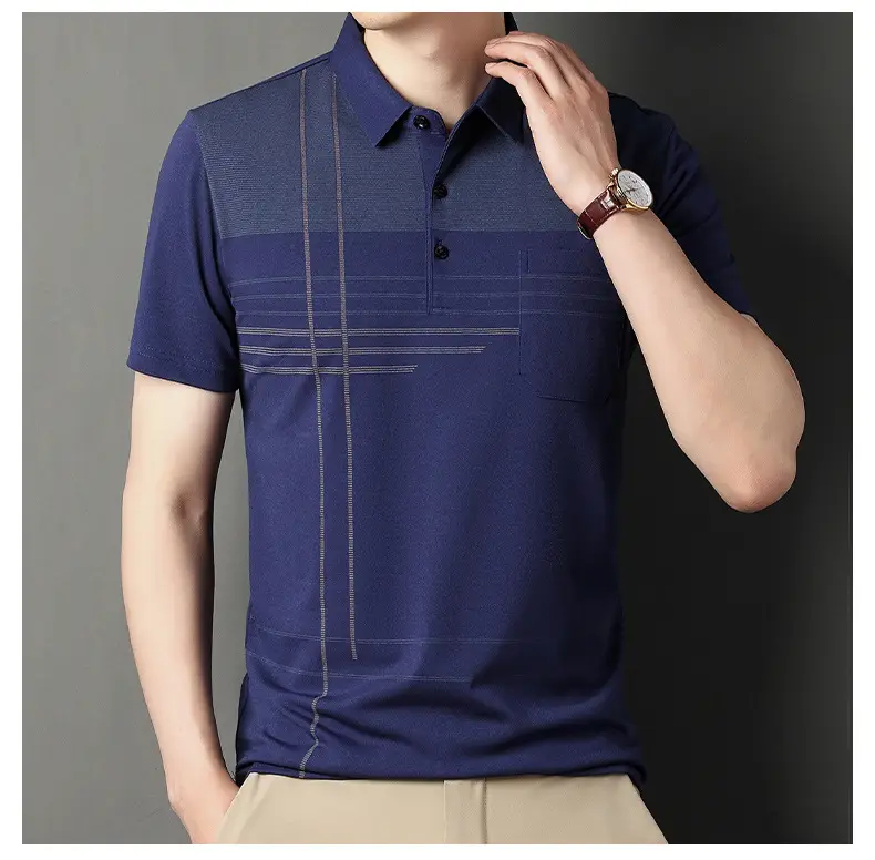 Men Blue Striped Ice Silk Polo Shirt Short Sleeve — feature 33