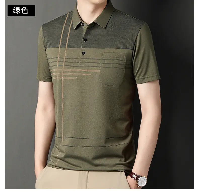 Men Blue Striped Ice Silk Polo Shirt Short Sleeve — feature 37