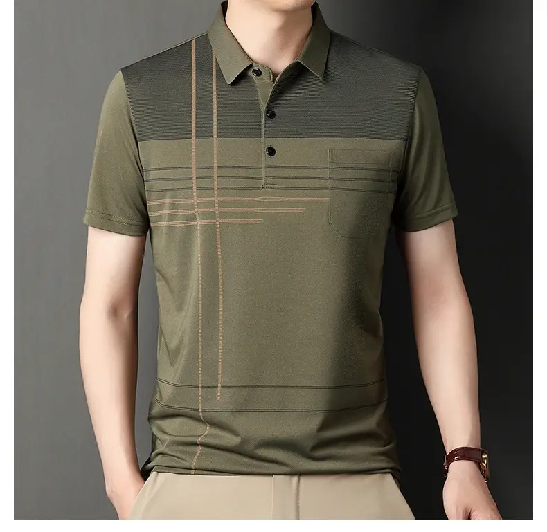 Men Blue Striped Ice Silk Polo Shirt Short Sleeve — feature 38