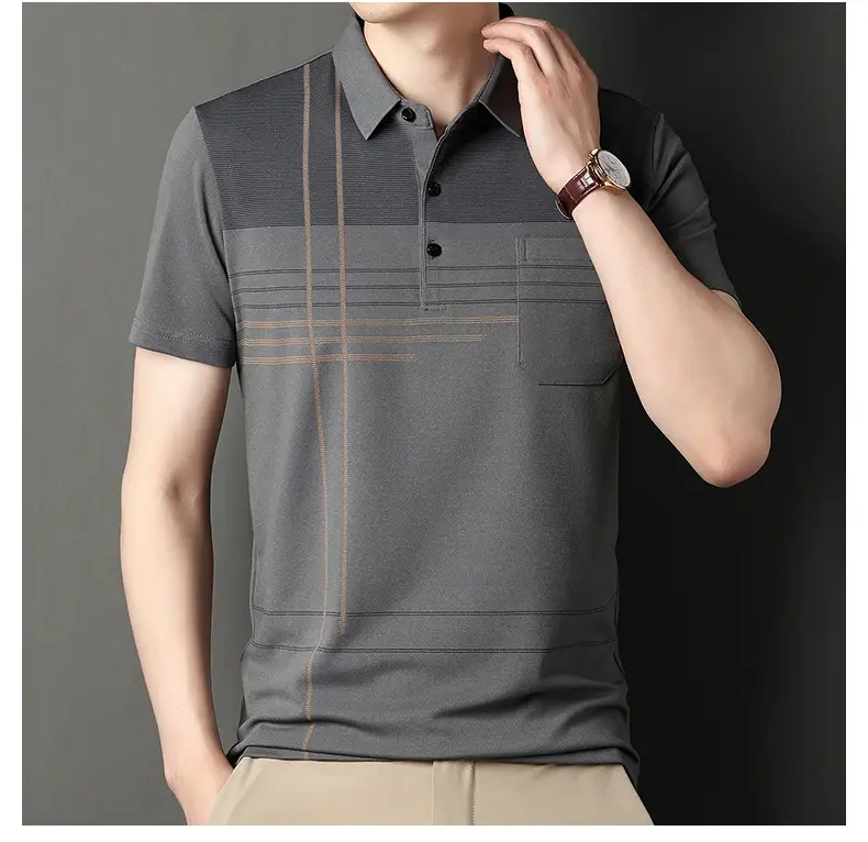 Men Blue Striped Ice Silk Polo Shirt Short Sleeve — feature 43