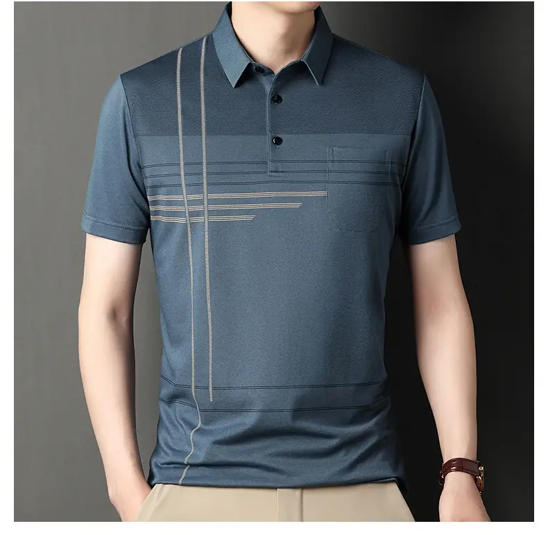 Men Blue Striped Ice Silk Polo Shirt Short Sleeve — feature 50