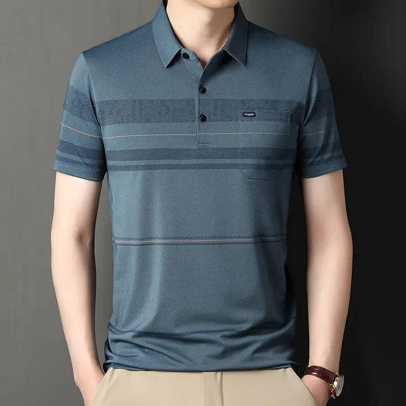Men Blue Striped Ice Silk Polo Shirt Short Sleeve - Image 10