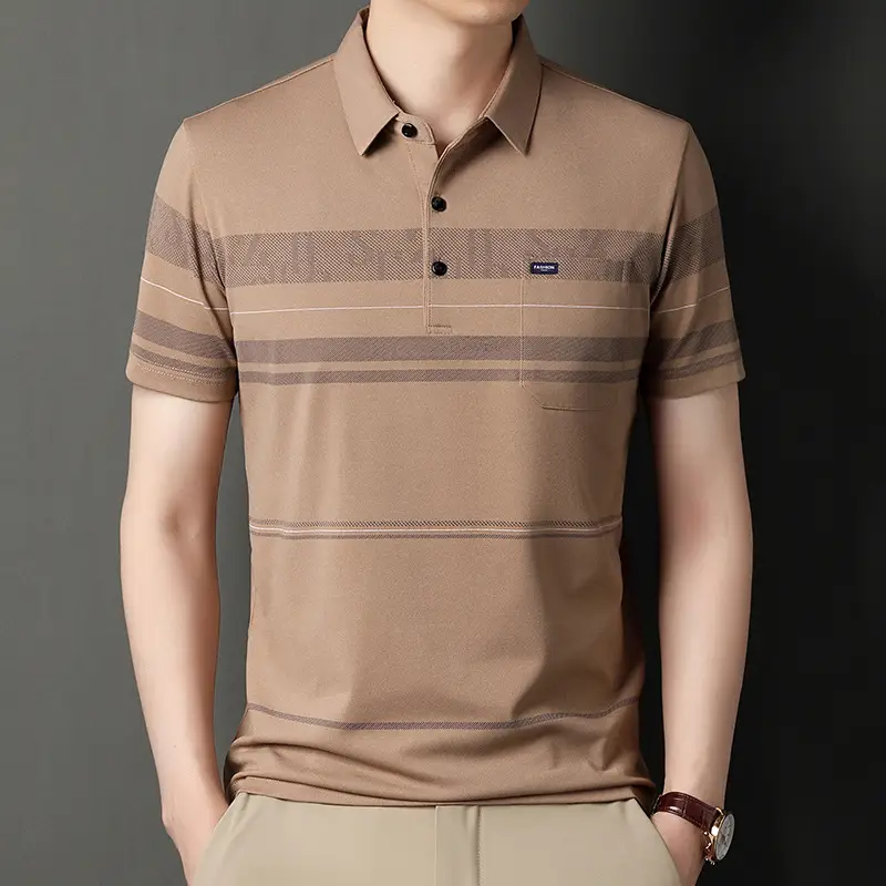 Men Blue Striped Ice Silk Polo Shirt Short Sleeve - Image 11