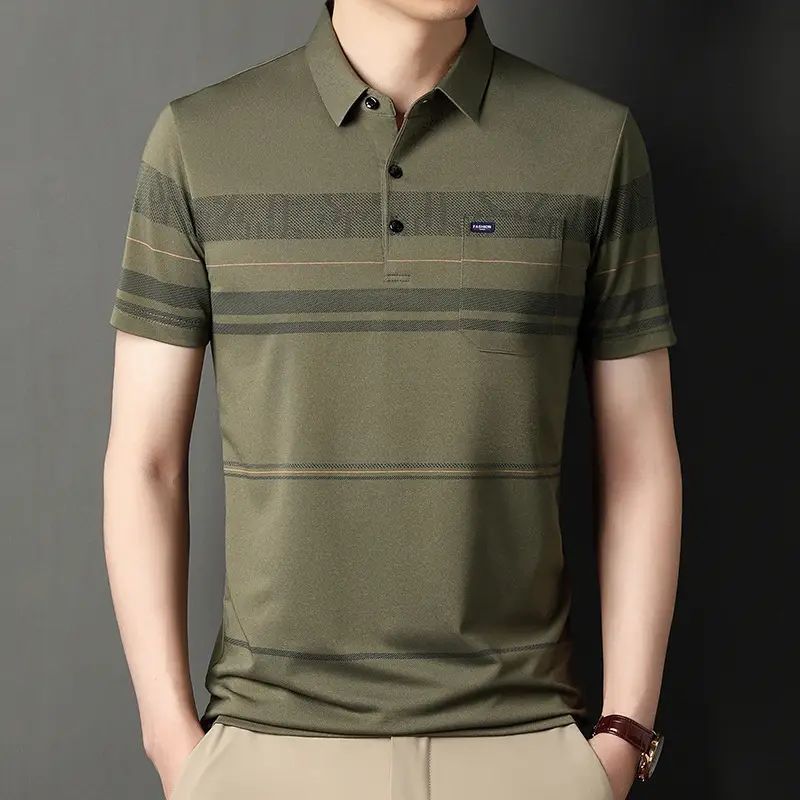 Men Blue Striped Ice Silk Polo Shirt Short Sleeve - Image 12