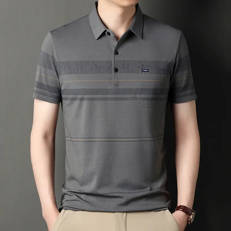 Men Blue Striped Ice Silk Polo Shirt Short Sleeve - Image 13