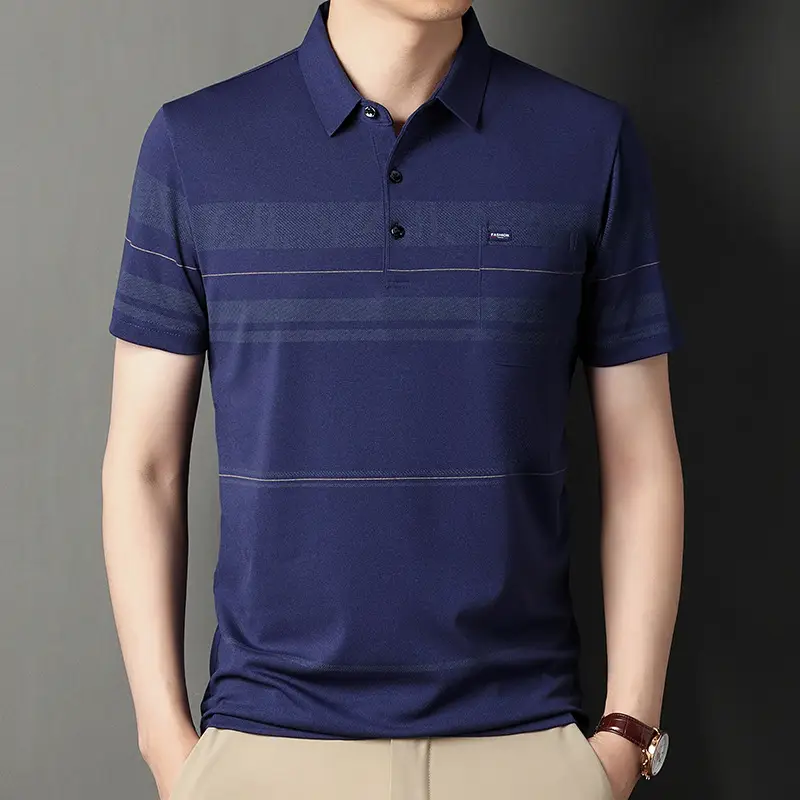 Men Blue Striped Ice Silk Polo Shirt Short Sleeve - Image 14