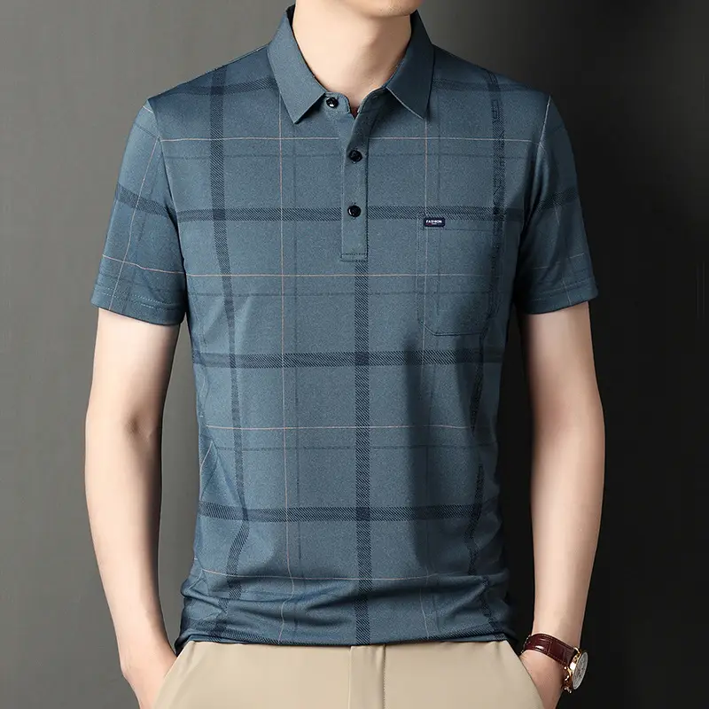 Men Blue Striped Ice Silk Polo Shirt Short Sleeve - Image 15