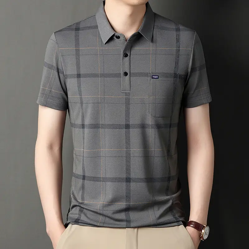 Men Blue Striped Ice Silk Polo Shirt Short Sleeve - Image 16
