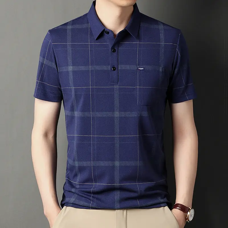 Men Blue Striped Ice Silk Polo Shirt Short Sleeve - Image 17