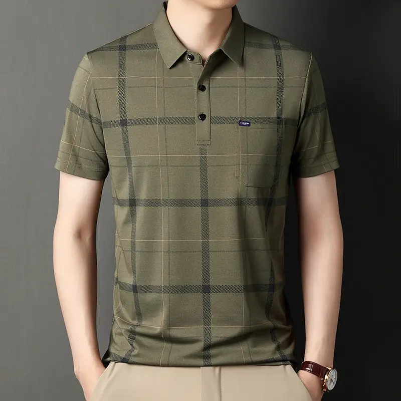 Men Blue Striped Ice Silk Polo Shirt Short Sleeve - Image 18
