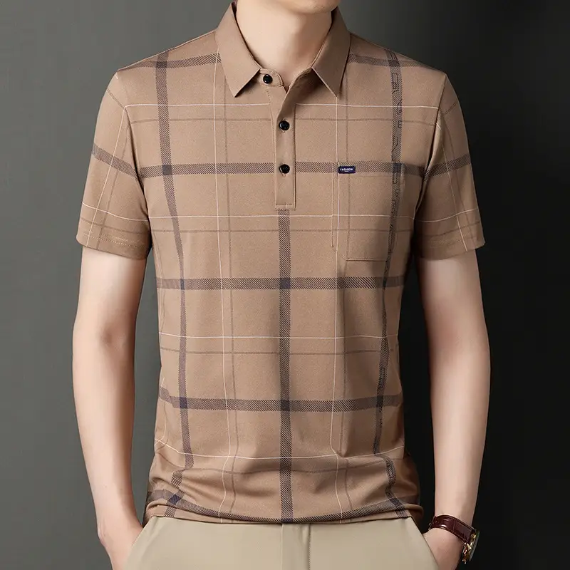 Men Blue Striped Ice Silk Polo Shirt Short Sleeve - Image 19