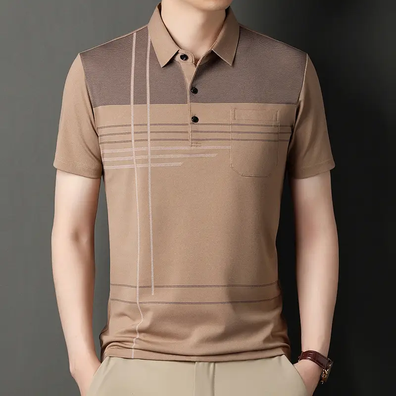 Men Blue Striped Ice Silk Polo Shirt Short Sleeve - Image 2