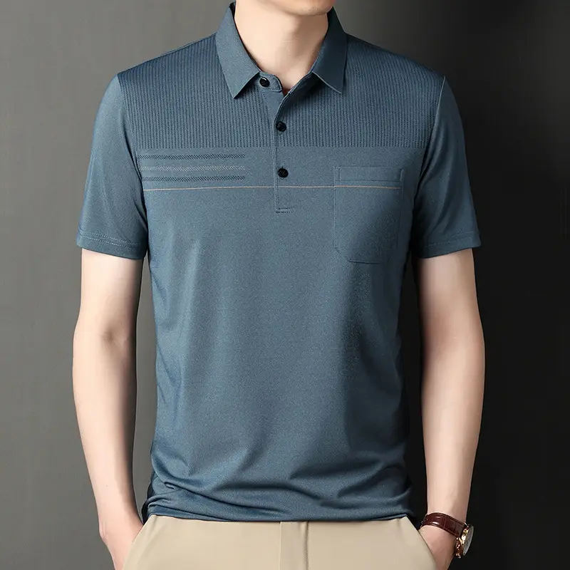 Men Blue Striped Ice Silk Polo Shirt Short Sleeve - Image 20