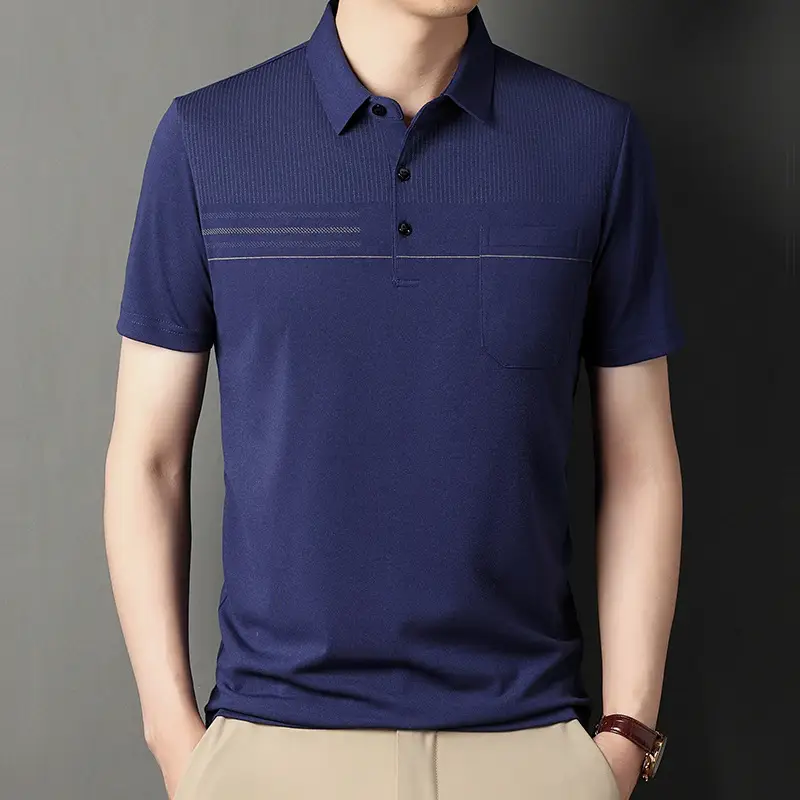 Men Blue Striped Ice Silk Polo Shirt Short Sleeve - Image 21