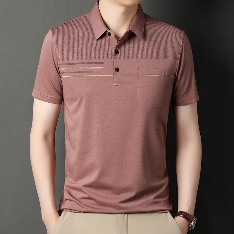 Men Blue Striped Ice Silk Polo Shirt Short Sleeve - Image 22