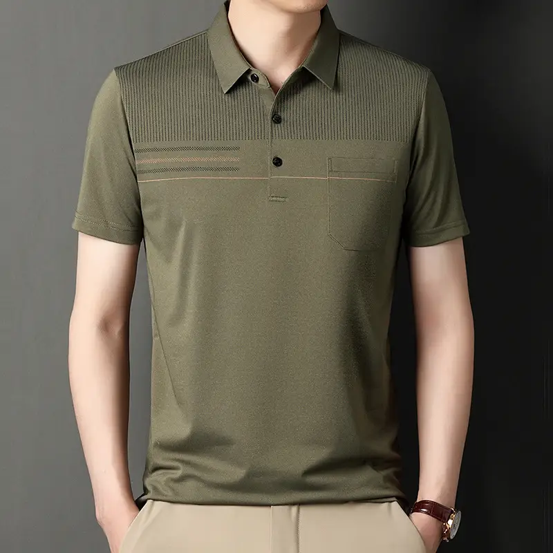 Men Blue Striped Ice Silk Polo Shirt Short Sleeve - Image 23