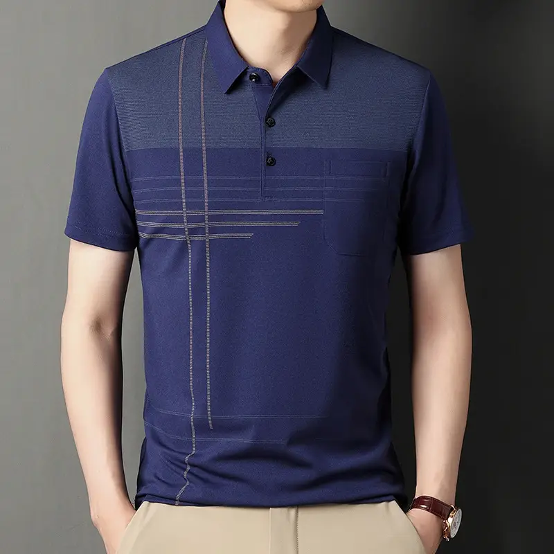 Men Blue Striped Ice Silk Polo Shirt Short Sleeve - Image 3
