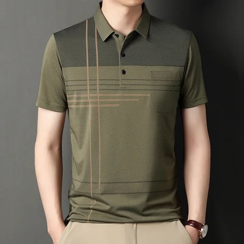 Men Blue Striped Ice Silk Polo Shirt Short Sleeve - Image 4