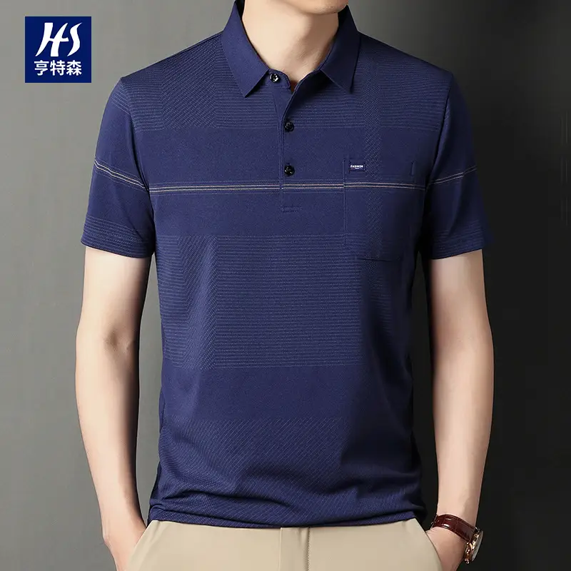 Men Blue Striped Ice Silk Polo Shirt Short Sleeve - Image 7