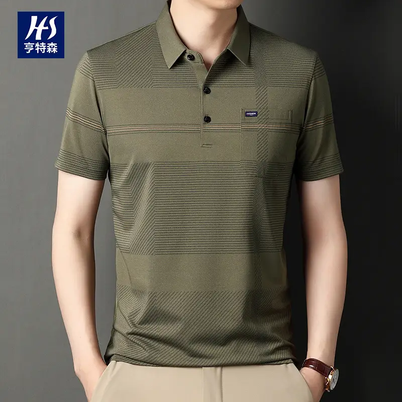 Men Blue Striped Ice Silk Polo Shirt Short Sleeve - Image 8
