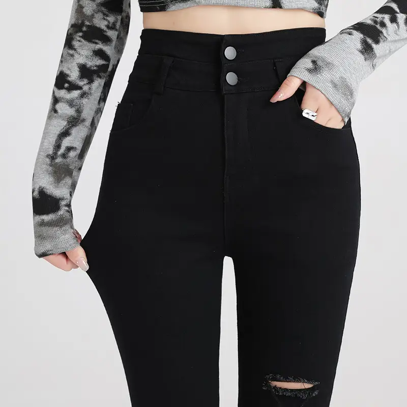 Black Ripped High Waist Skinny Jeans for Women - Image 4