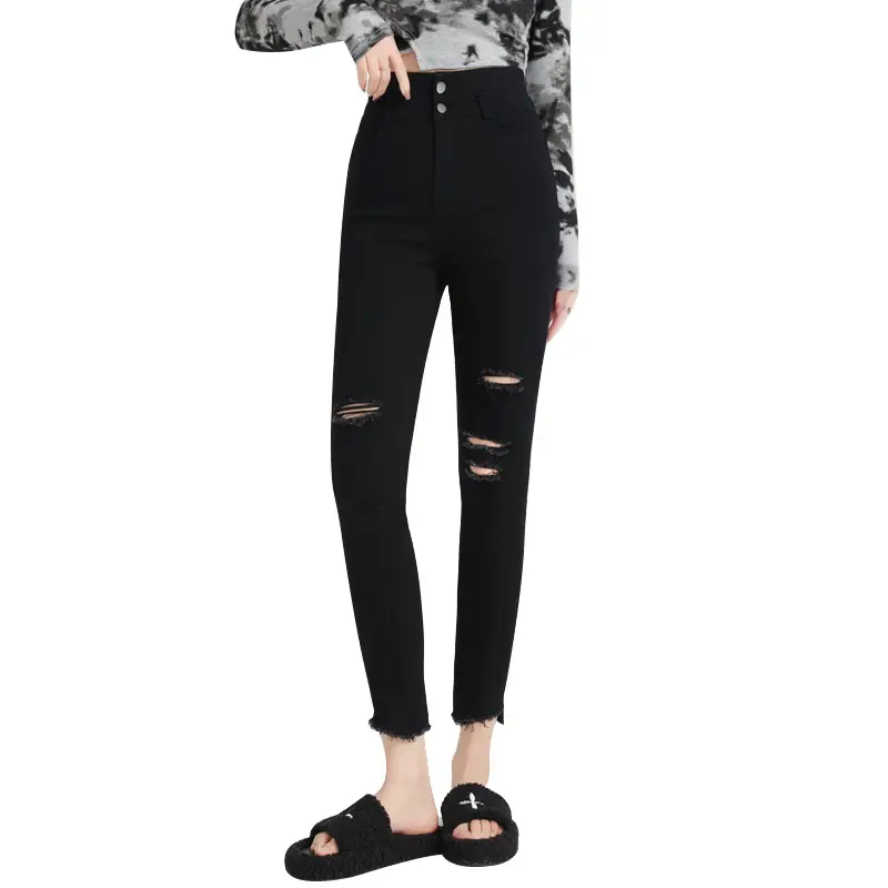 Black Ripped High Waist Skinny Jeans for Women - Image 6