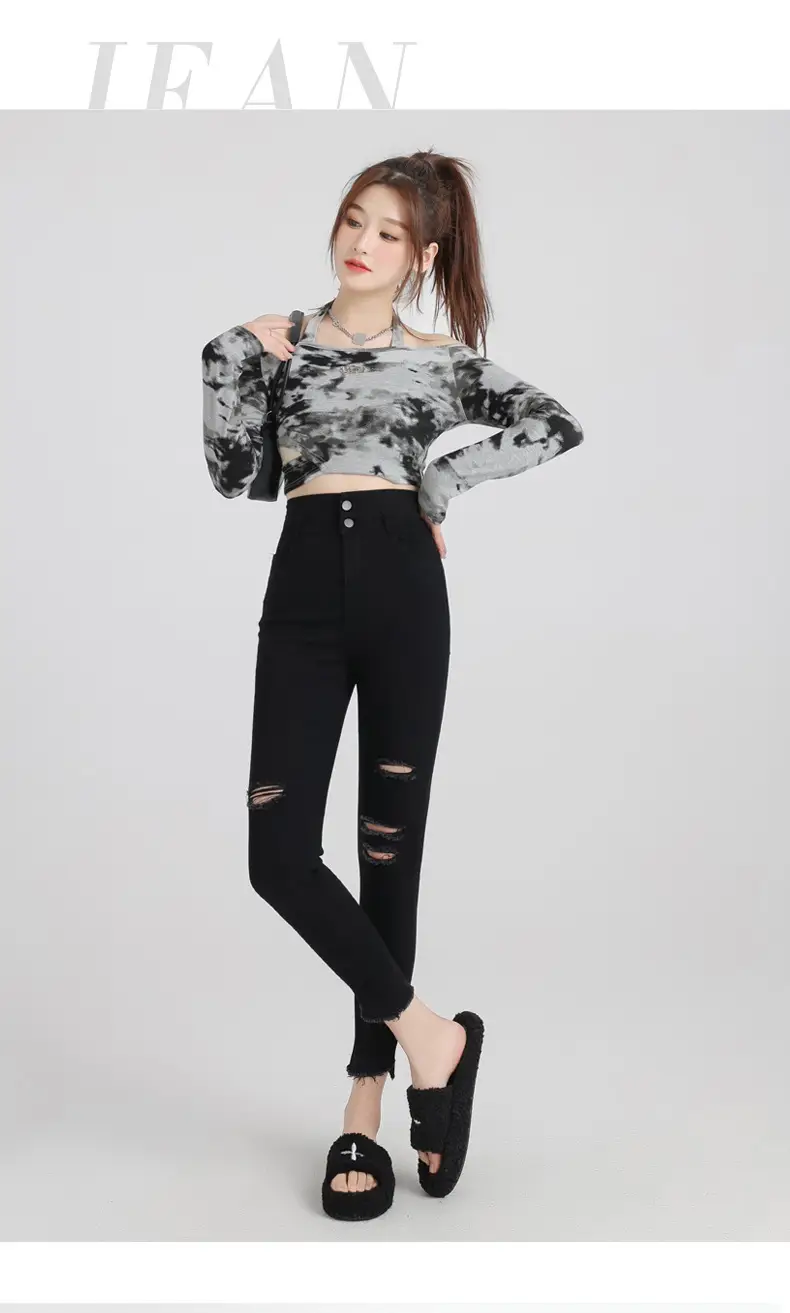 Black Ripped High Waist Skinny Jeans for Women — feature 3