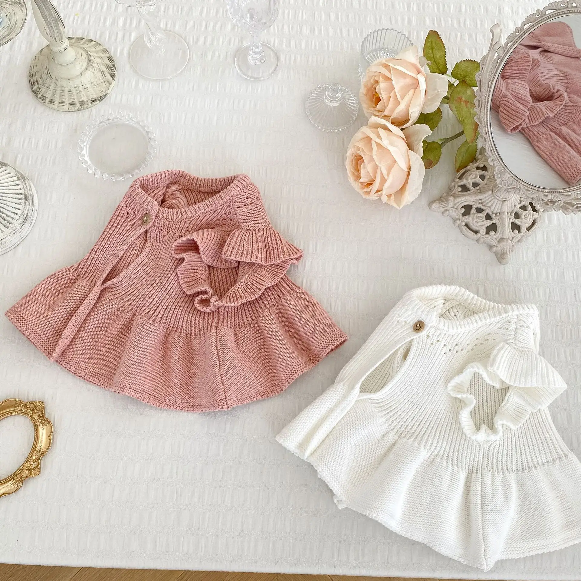 White Knitted Flying Sleeve Baby Vest Cardigan