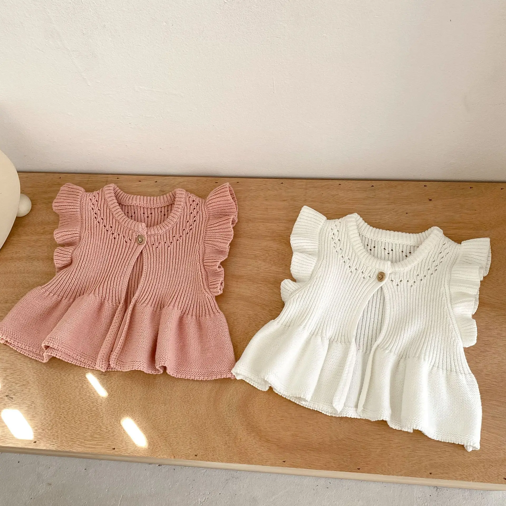 White Knitted Flying Sleeve Baby Vest Cardigan