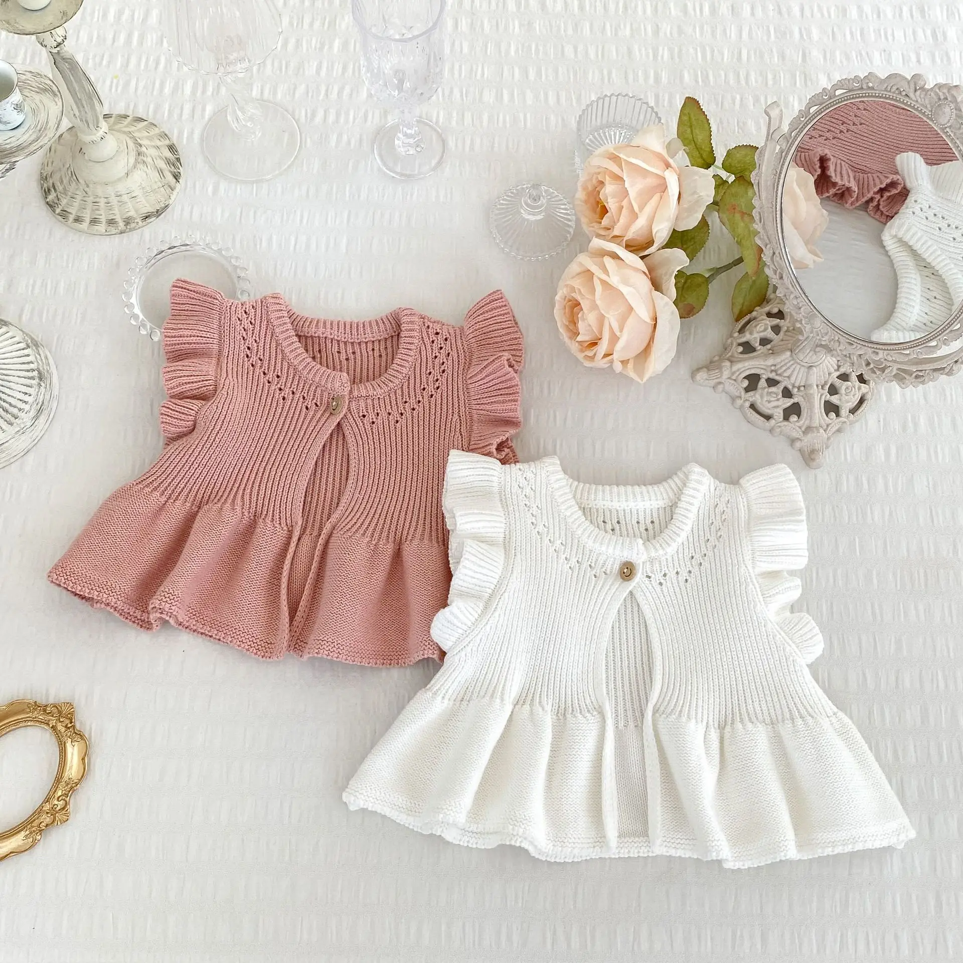 White Knitted Flying Sleeve Baby Vest Cardigan — feature 1