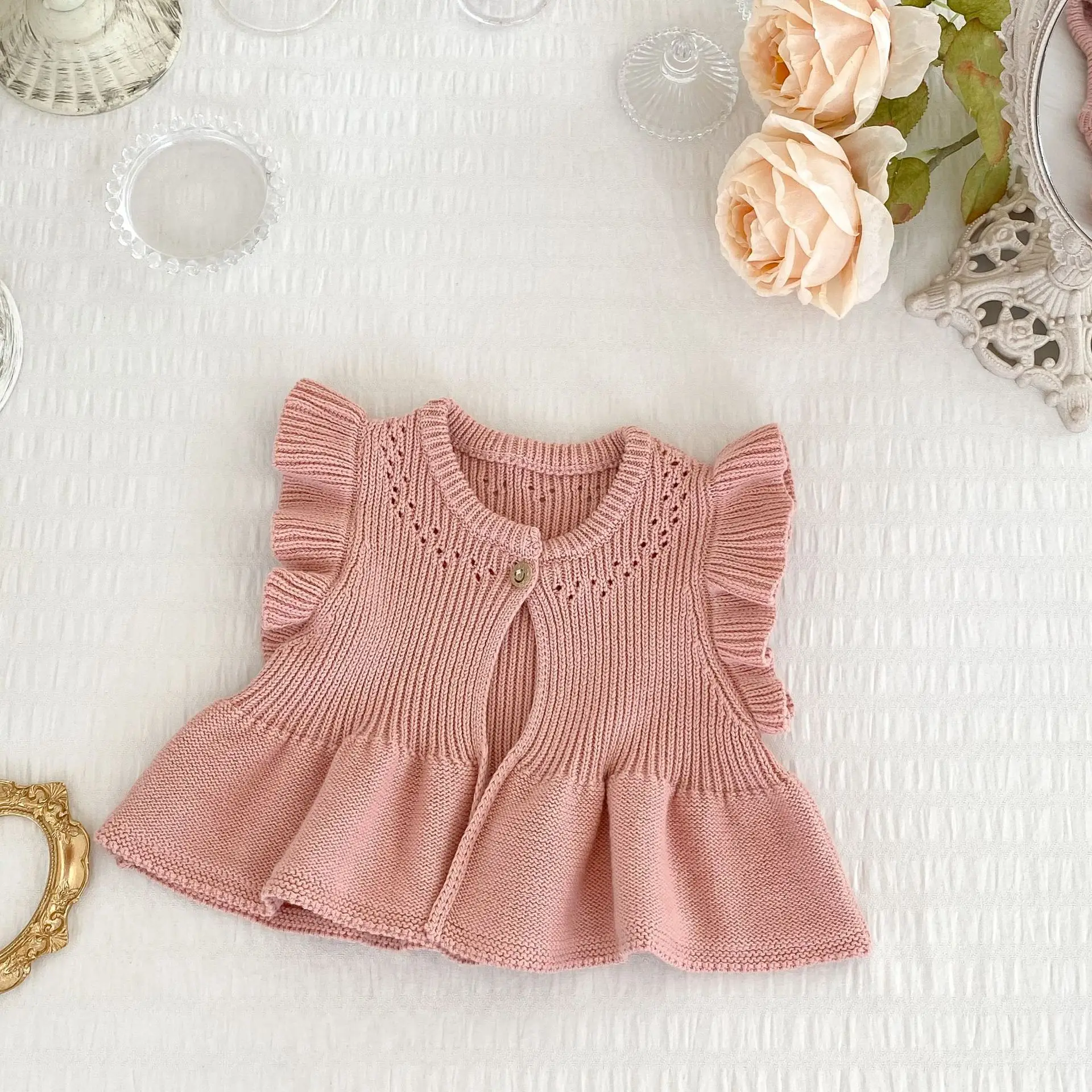 White Knitted Flying Sleeve Baby Vest Cardigan — feature 5