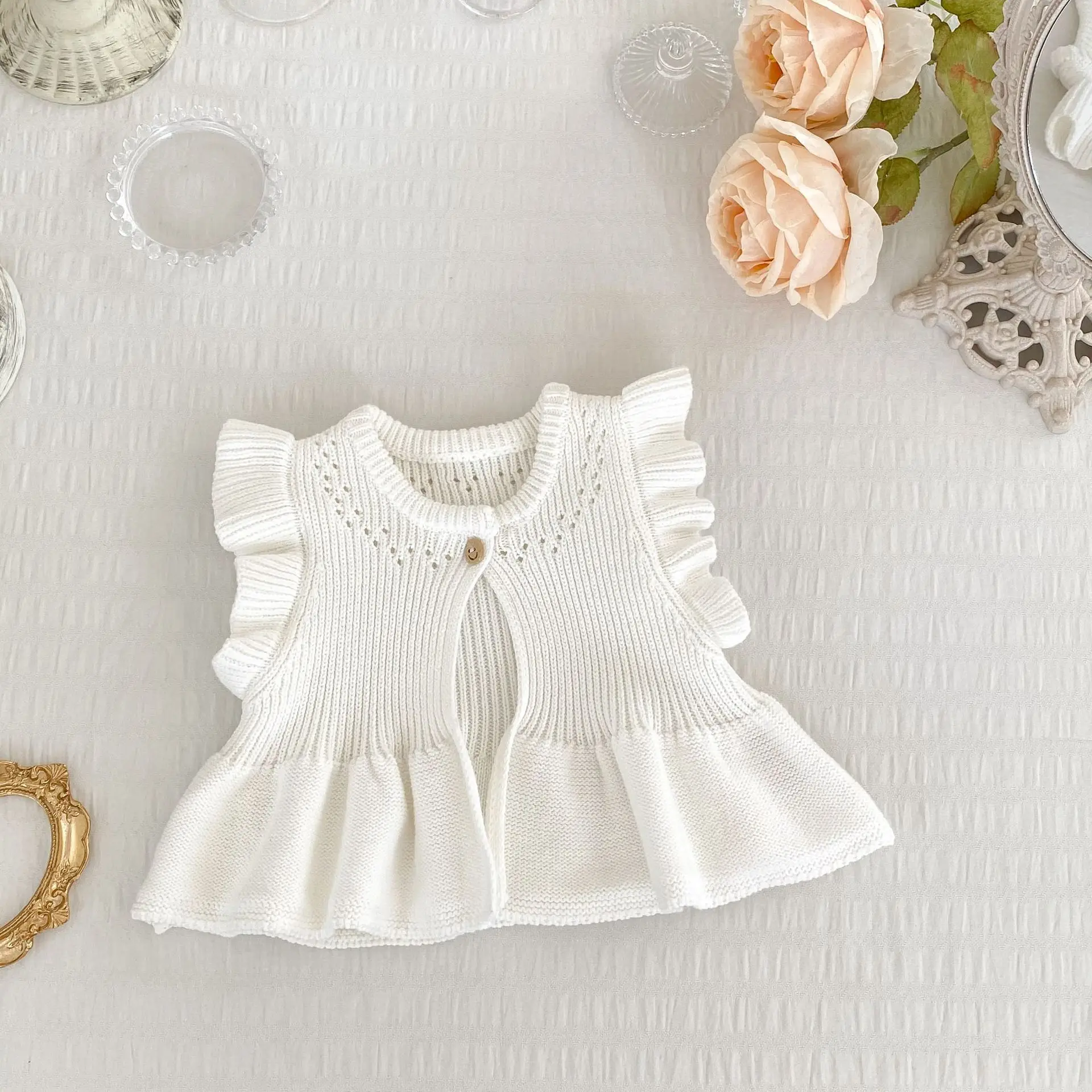 White Knitted Flying Sleeve Baby Vest Cardigan — feature 6