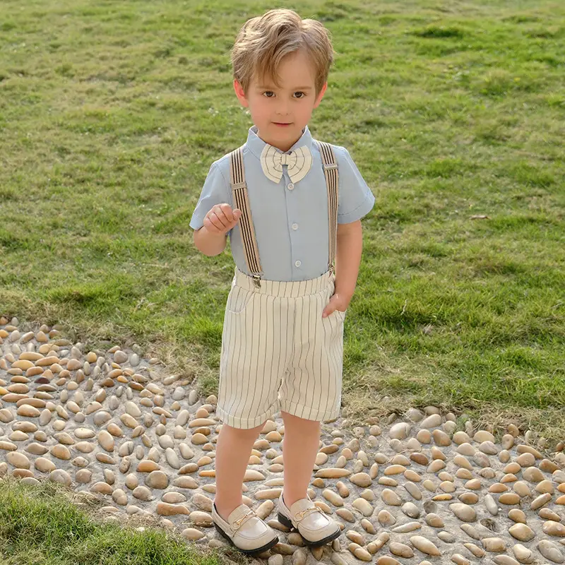 Children Striped Suspender Pants Set Summer New