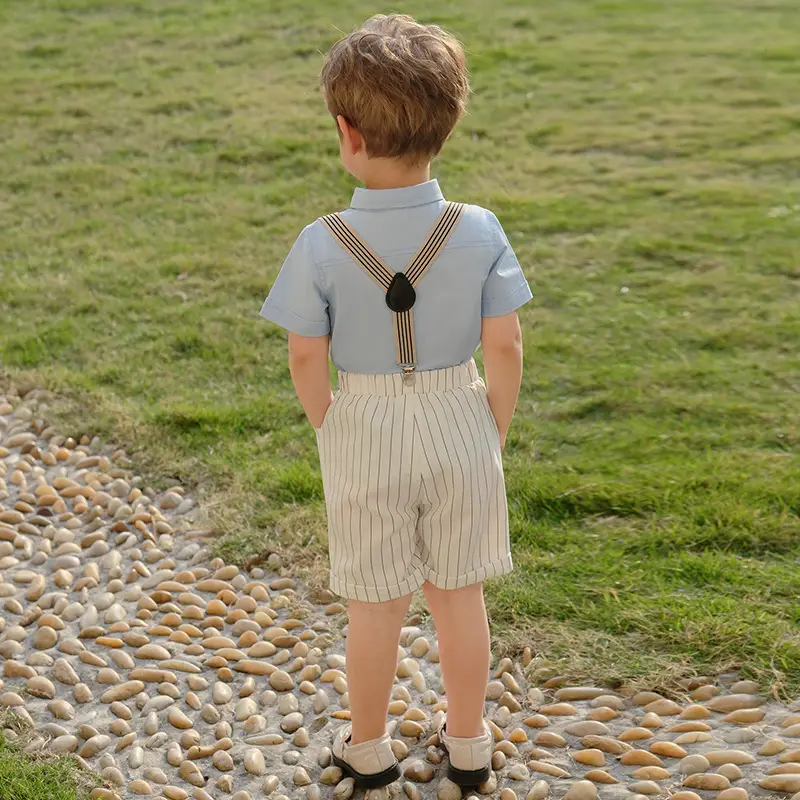 Children Striped Suspender Pants Set Summer New