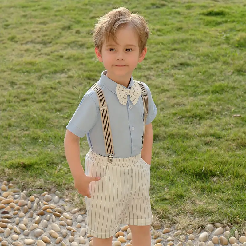 Children Striped Suspender Pants Set Summer New