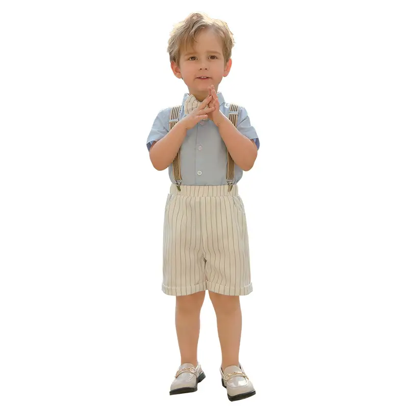 Children Striped Suspender Pants Set Summer New