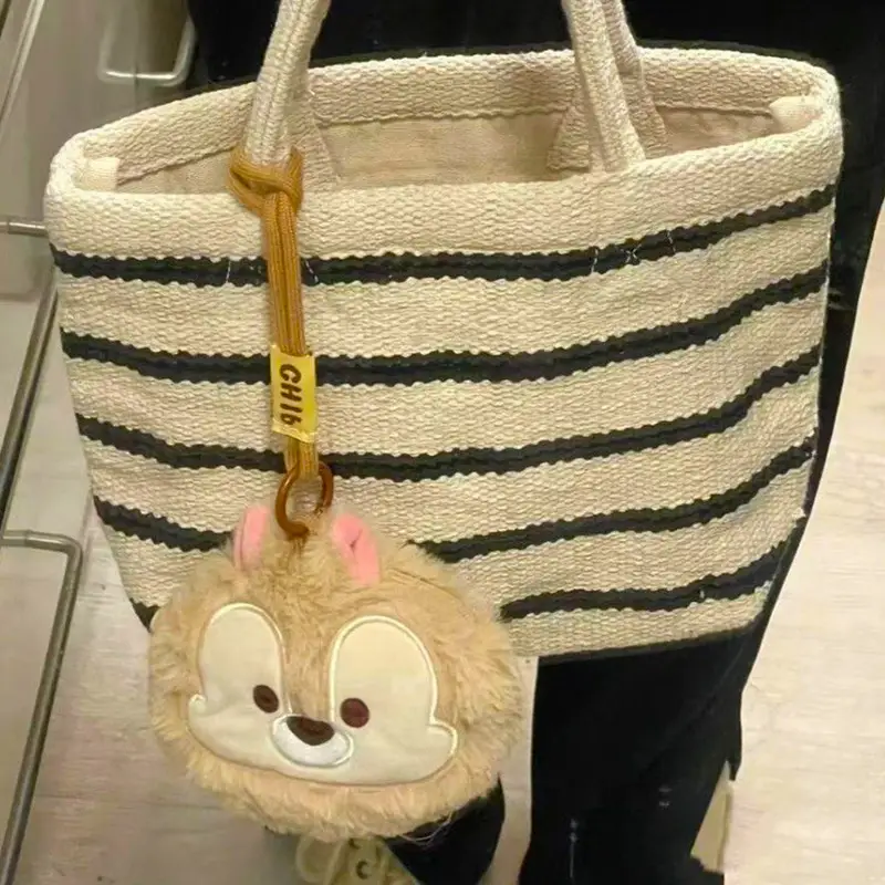 Women's Knitted Striped Shoulder Tote Bag with Cute Pom Pom
