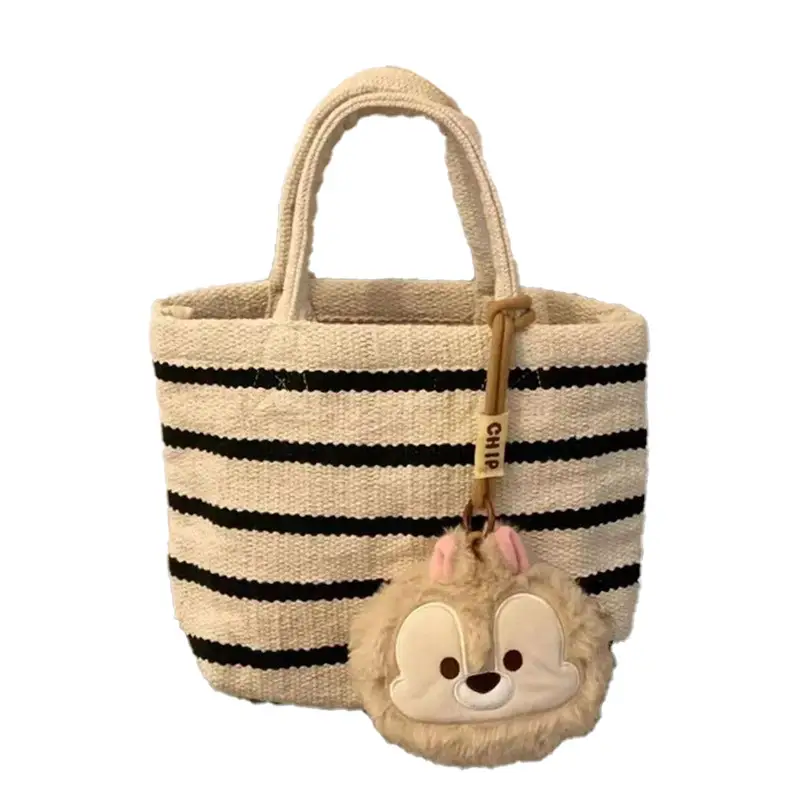 Women's Knitted Striped Shoulder Tote Bag with Cute Pom Pom