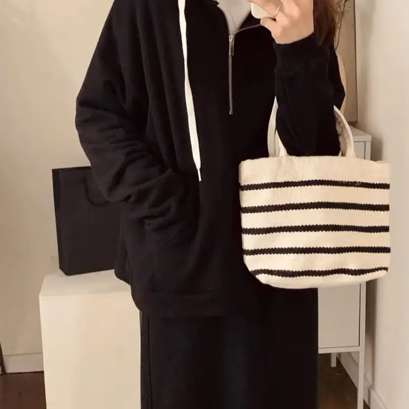 Women's Knitted Striped Shoulder Tote Bag with Cute Pom Pom — feature 3