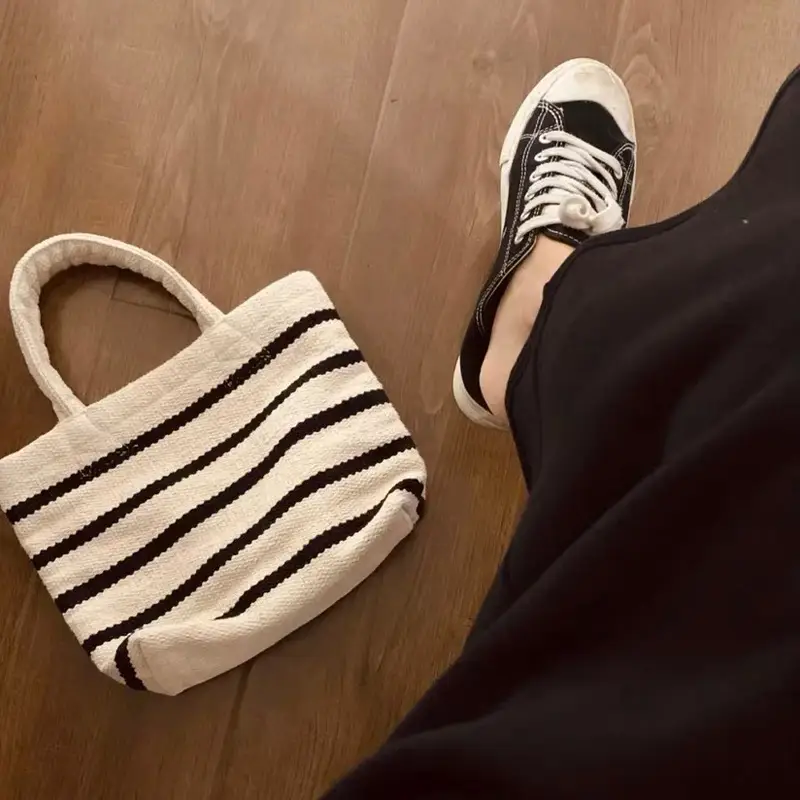 Women's Knitted Striped Shoulder Tote Bag with Cute Pom Pom — feature 4