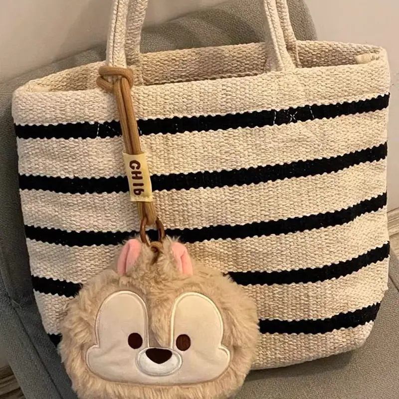 Women's Knitted Striped Shoulder Tote Bag with Cute Pom Pom — feature 7