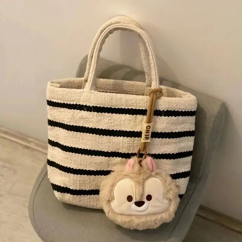 Women's Knitted Striped Shoulder Tote Bag with Cute Pom Pom