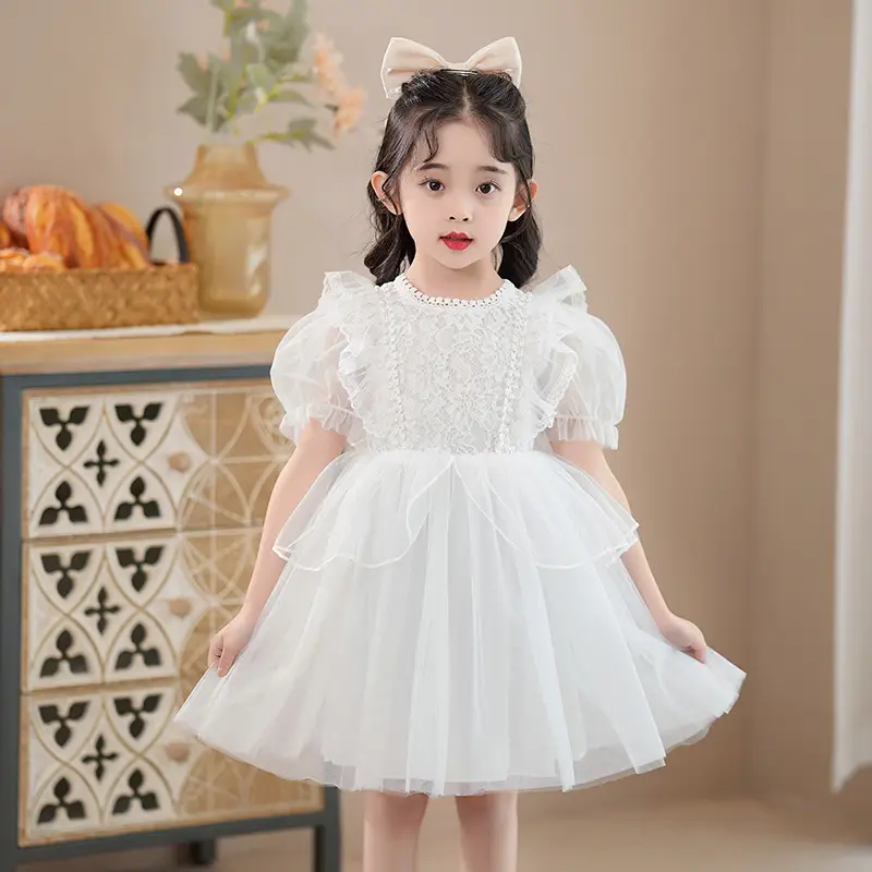 Girls Princess Dress Red White Lace Skirt Puff Sleeve Summer 2025 - Image 5