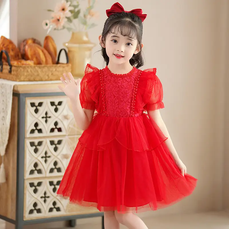 Girls Princess Dress Red White Lace Skirt Puff Sleeve Summer 2025 - Image 6