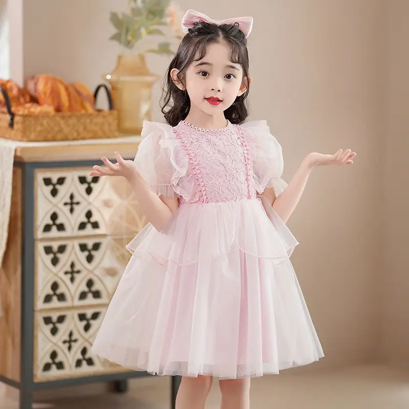Girls Princess Dress Red White Lace Skirt Puff Sleeve Summer 2025 - Image 2