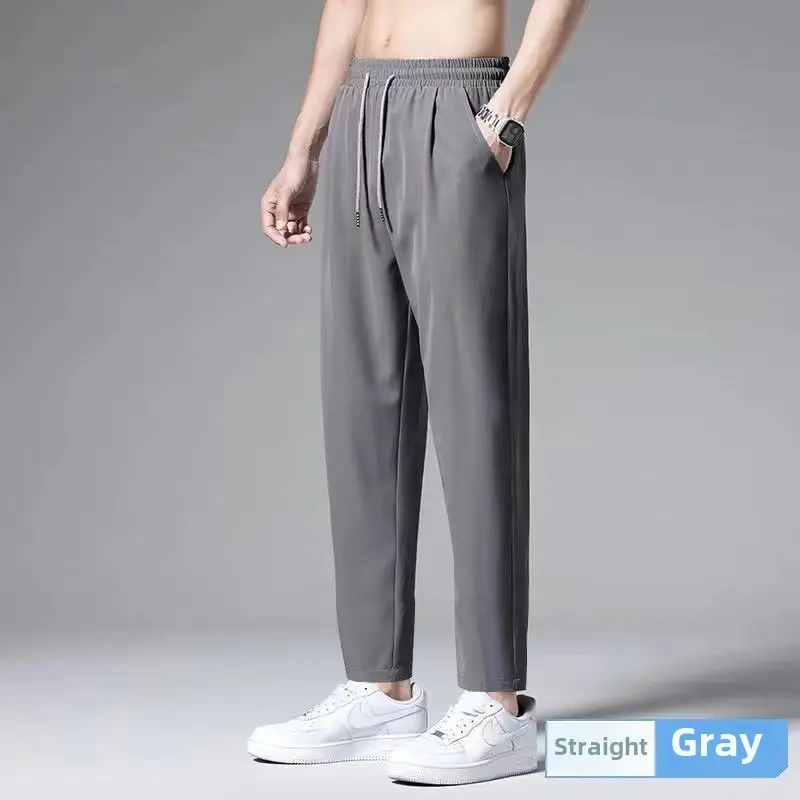 Straight Gray Ice Silk Pants for Men - Image 13